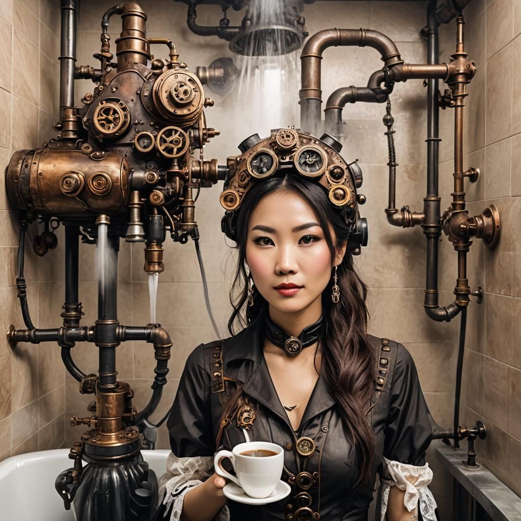 Steampunk Bathroom: Woman Showers with Coffee