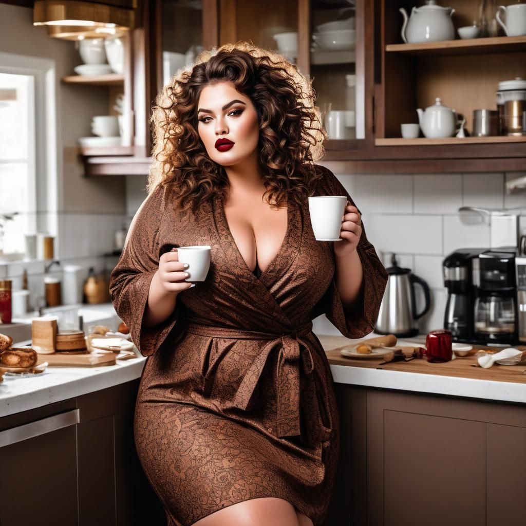 Curvy Woman Enjoys Morning Coffee in Kitchen