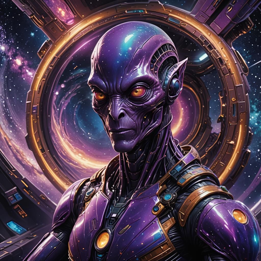 Alien Pilot Navigating a Wormhole in Sci-Fi Style