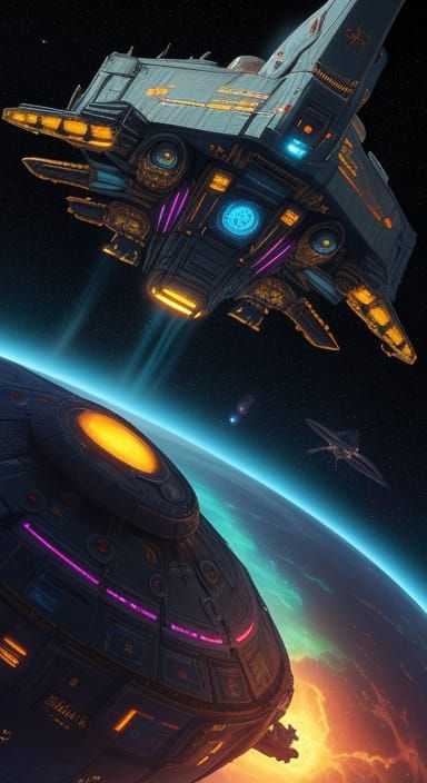 Ornate Sci-Fi Spaceship Near Alien Planet