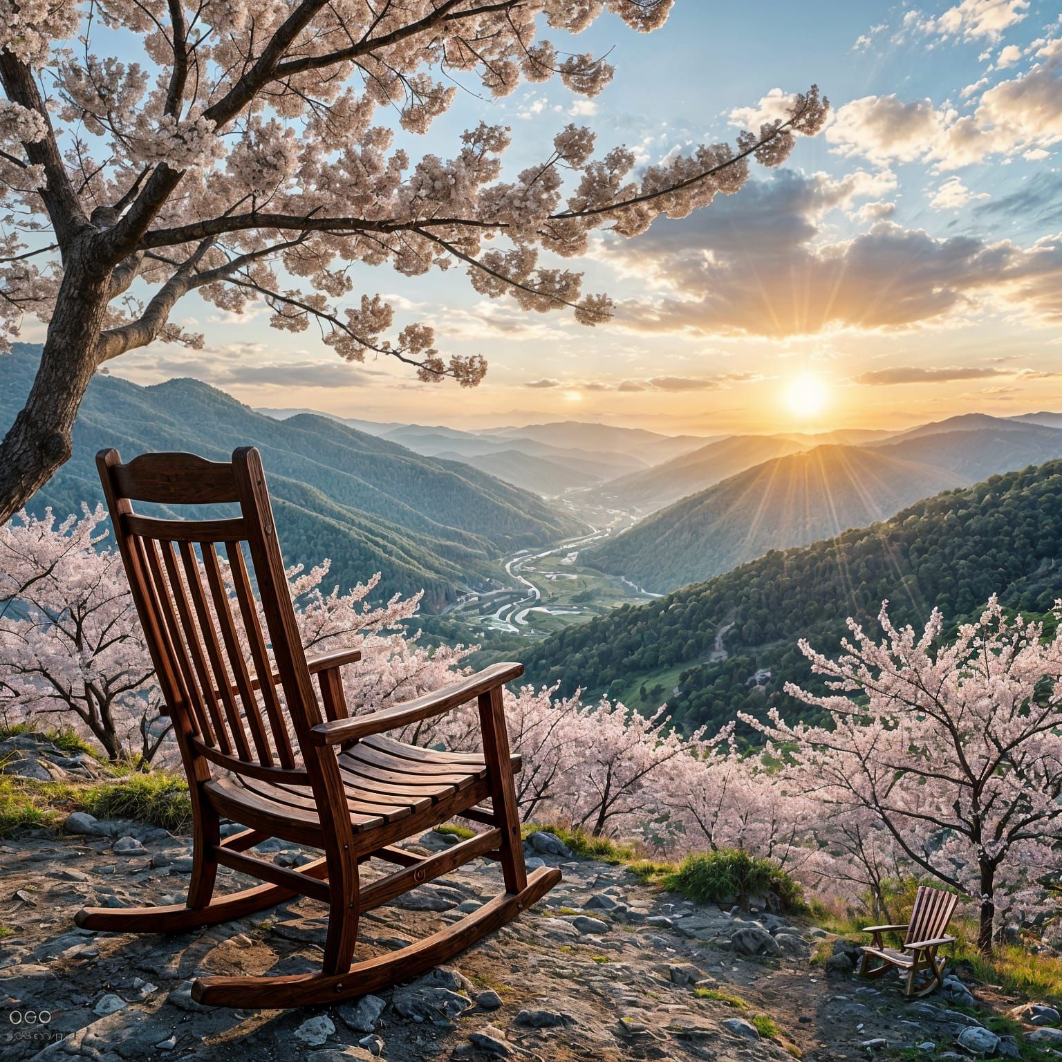 Rocking Chair Gazes at Cherry Blossoms in Valley
