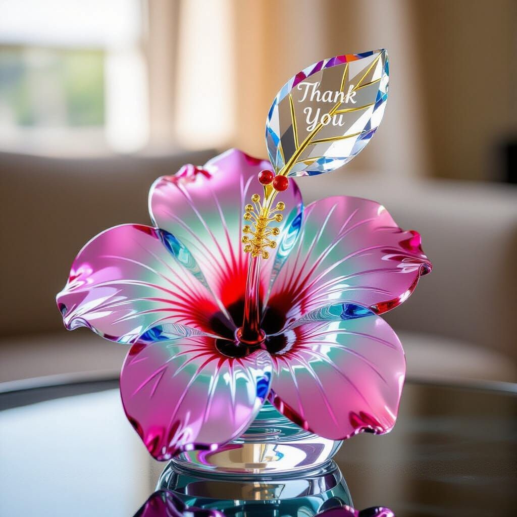 Glass Hibiscus Flower Statue with Crystal Leaf