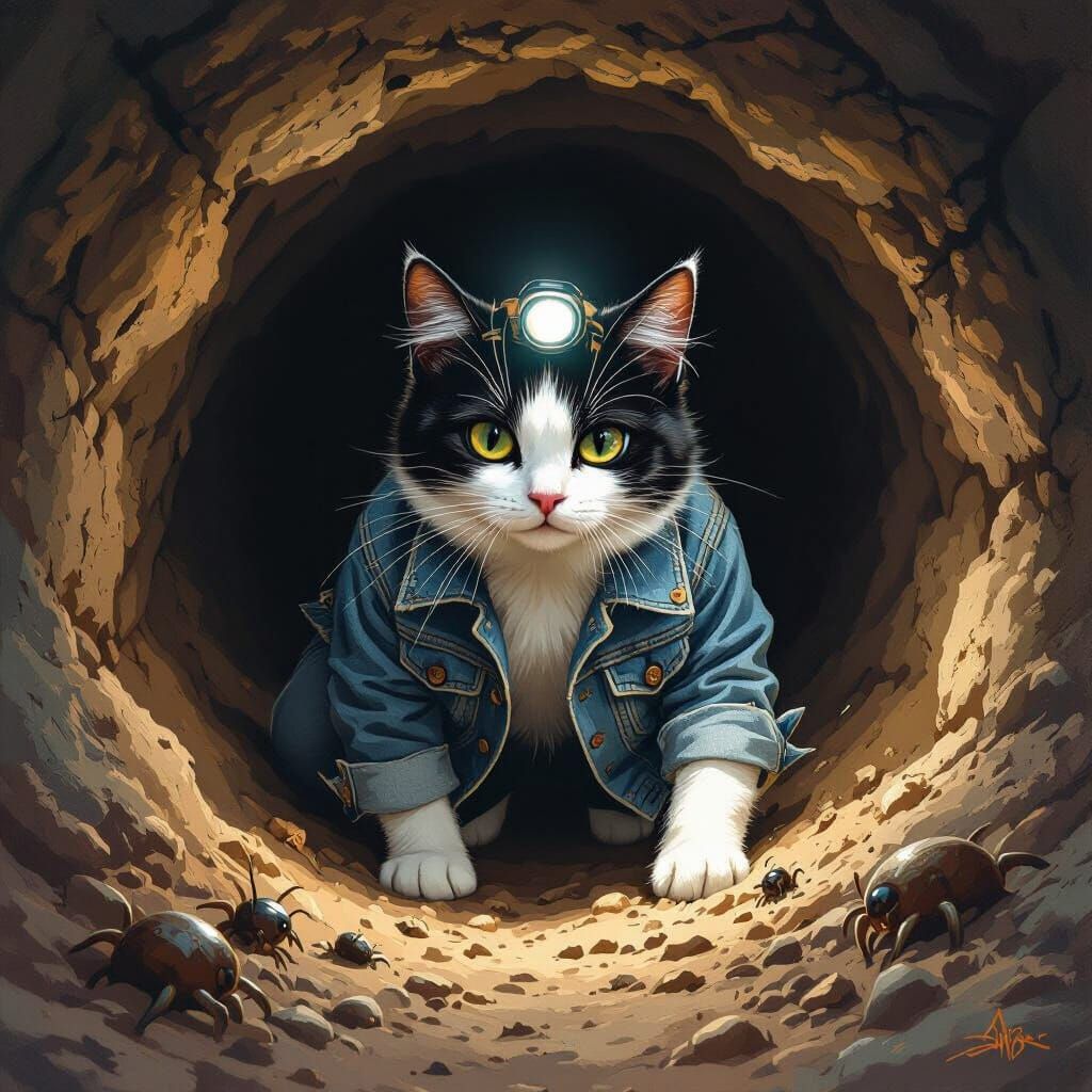 Tuxedo Cat in Cave Tunnel, Gritty Realism Style