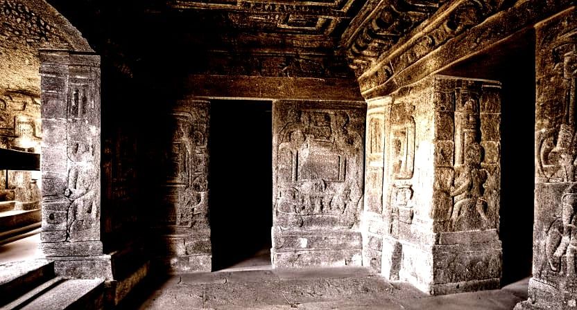 Ancient Mesoamerican Temple Corridor in Vintage Style