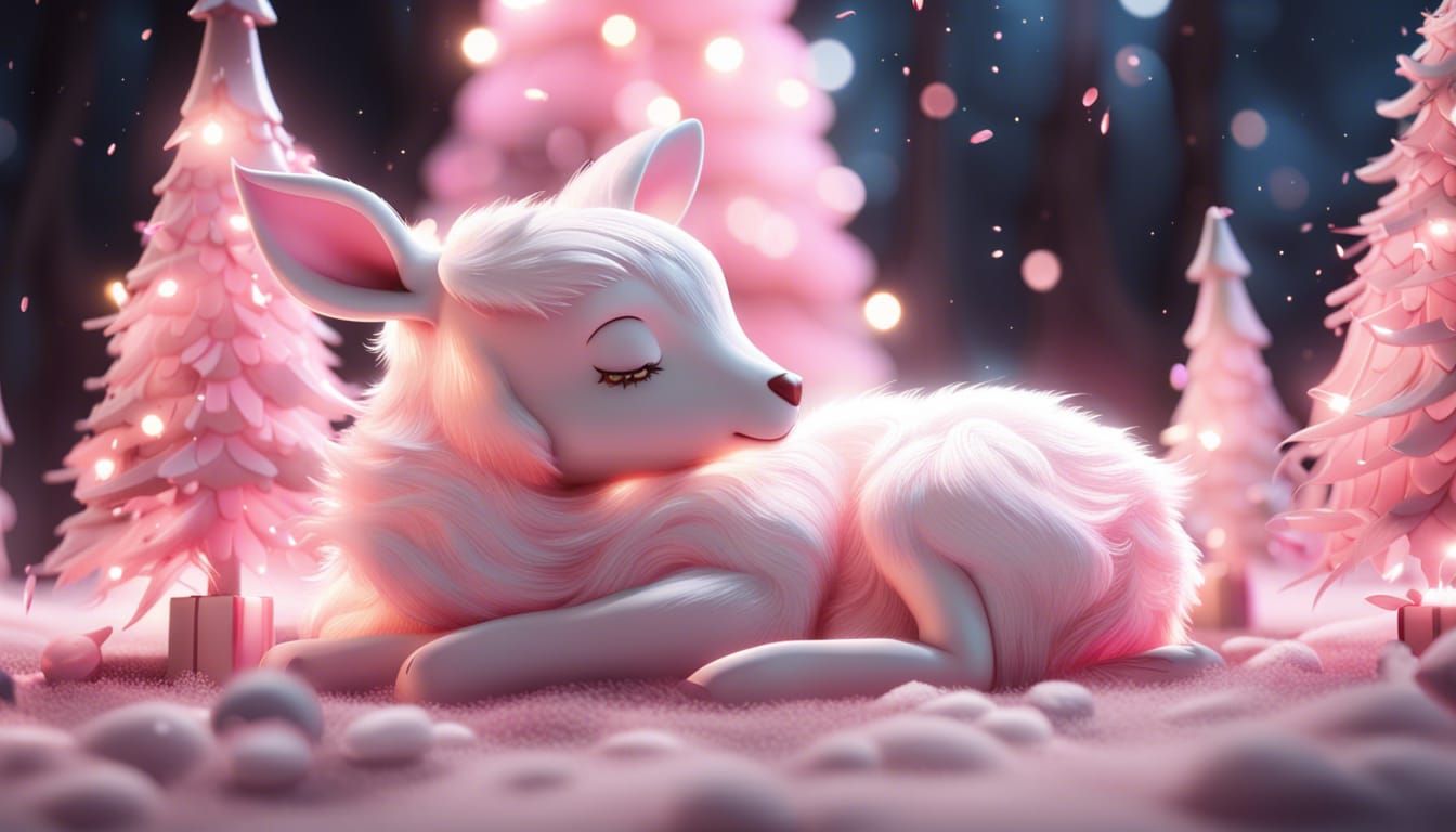 White fluffy Celestial bambi  sleeping christmas trees pink stars3D Game Cinematic Feel, Epic 3D Videogame Graphics, Int...