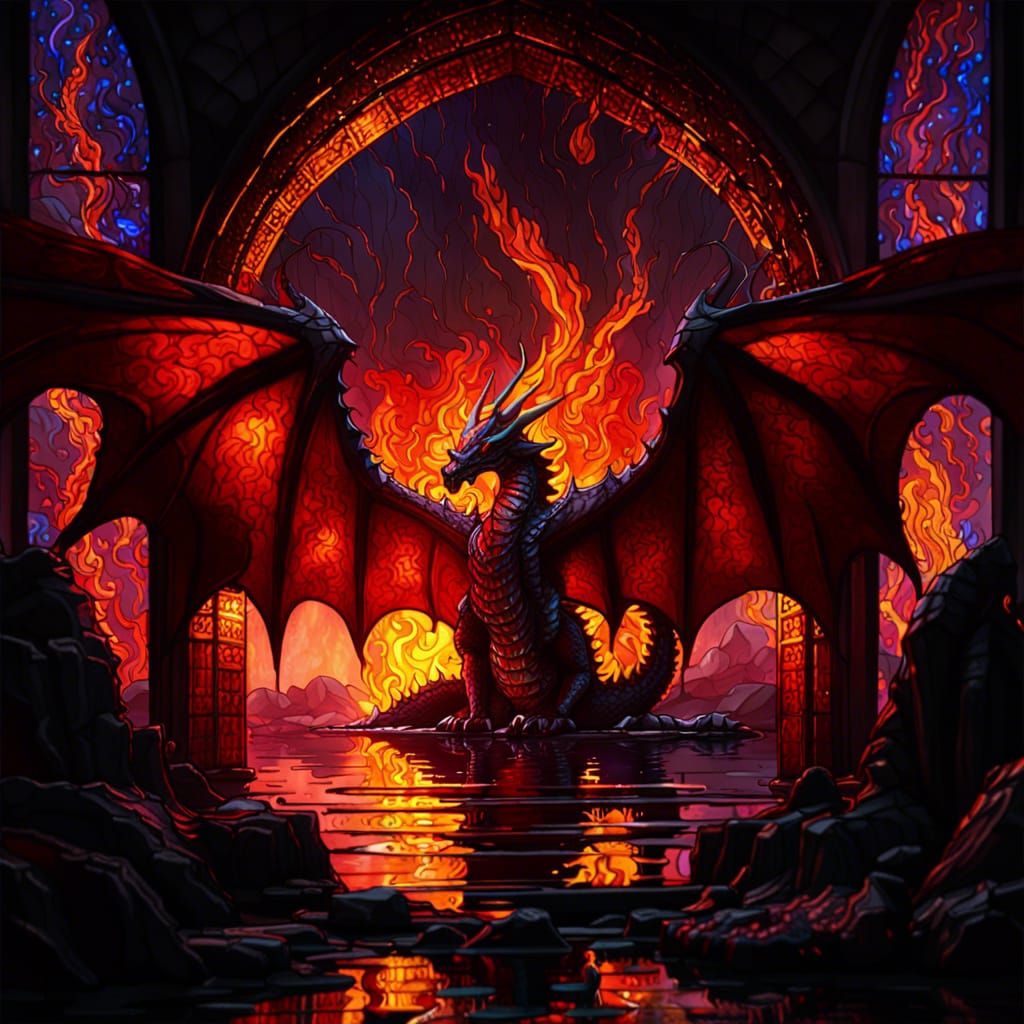 Stained Glass Dragon over Lake of Fire
