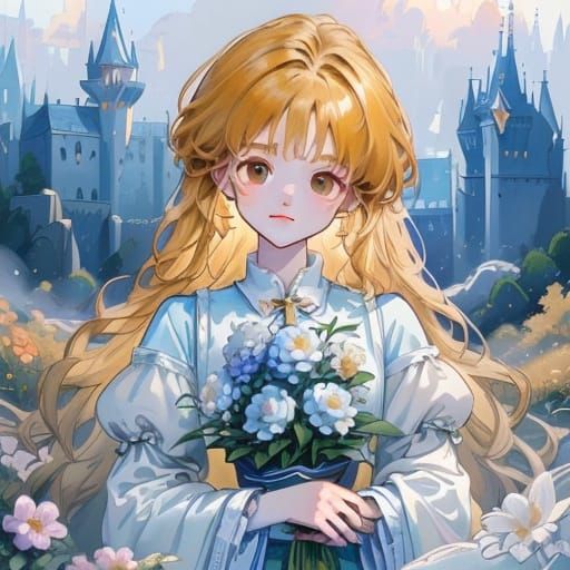 Anime Woman Guards Castle in Oil Painting