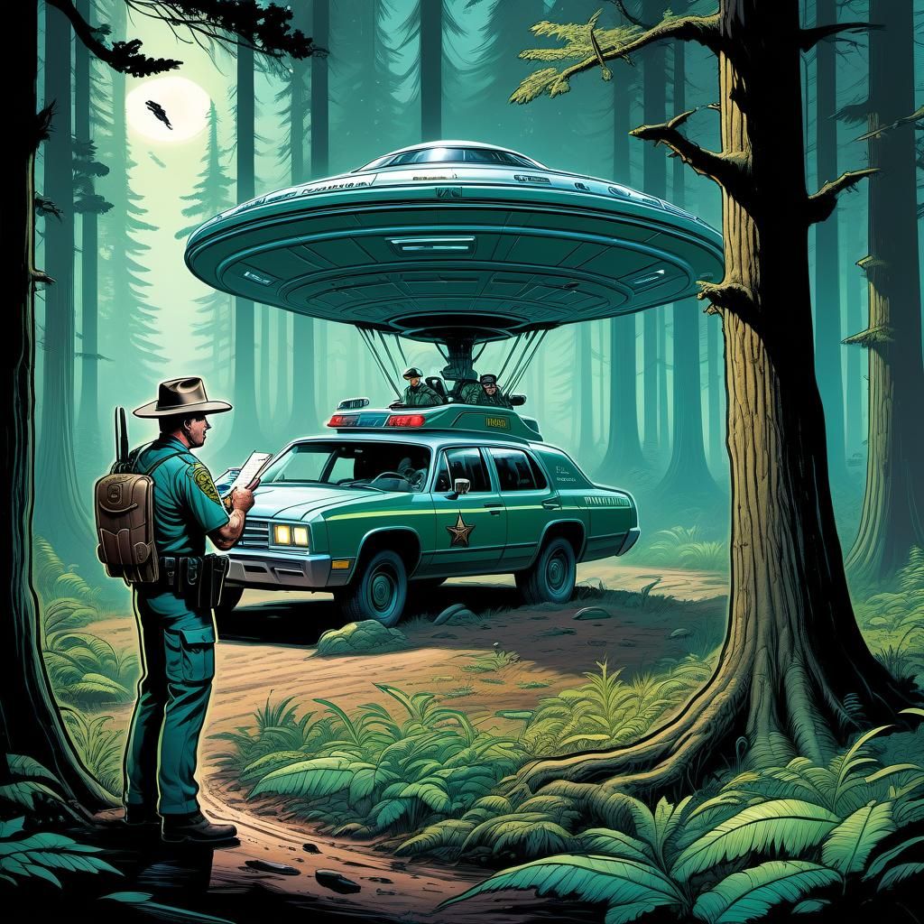 Game Warden Tickets Alien in Forest, Comic Book Art