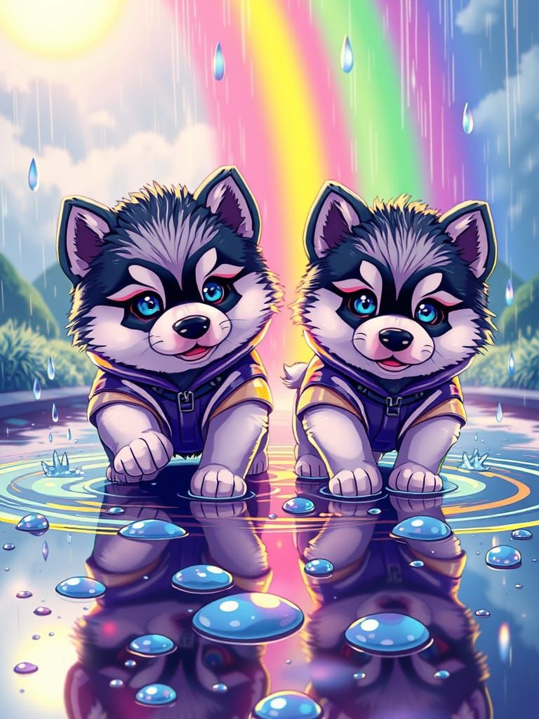Neon Malamute Puppies Play in Rainbow Rain
