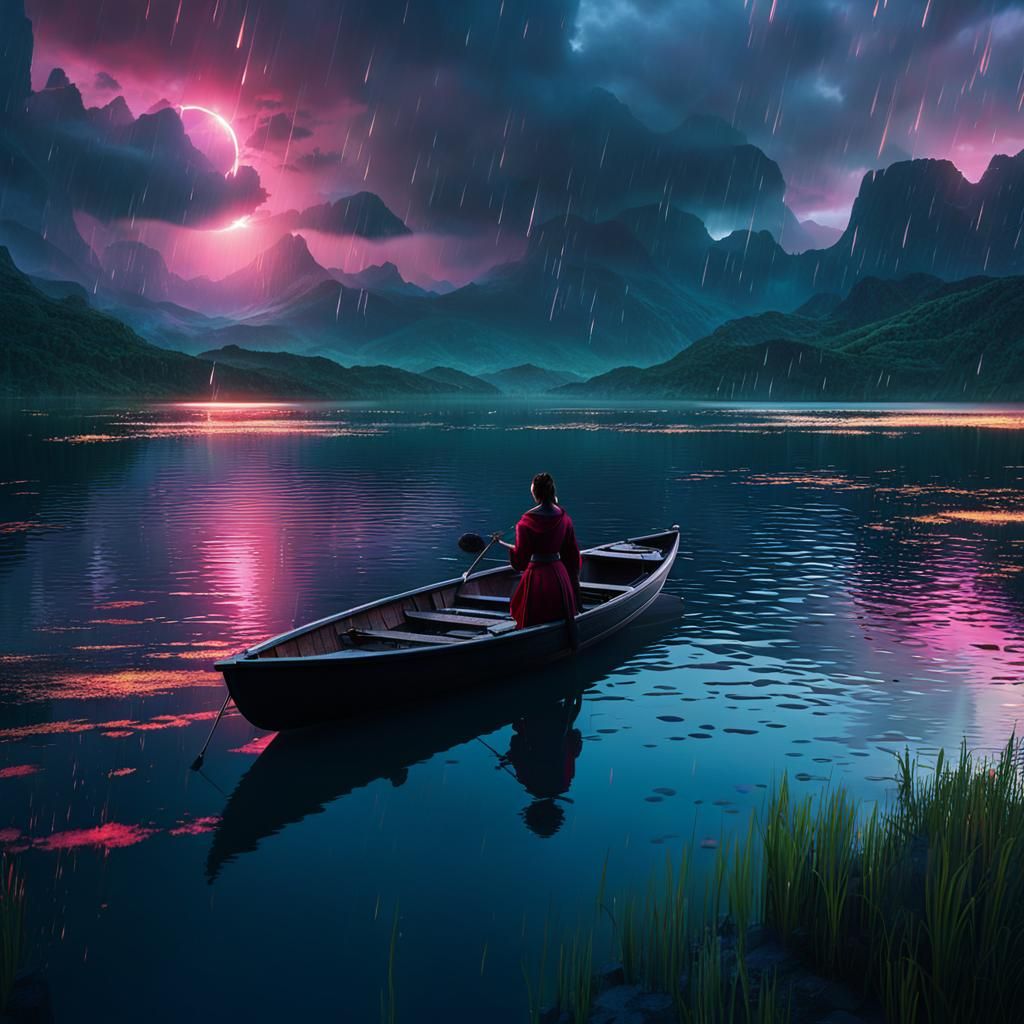 Rainy Sunset Lake Scene: Detailed Fantasy Art