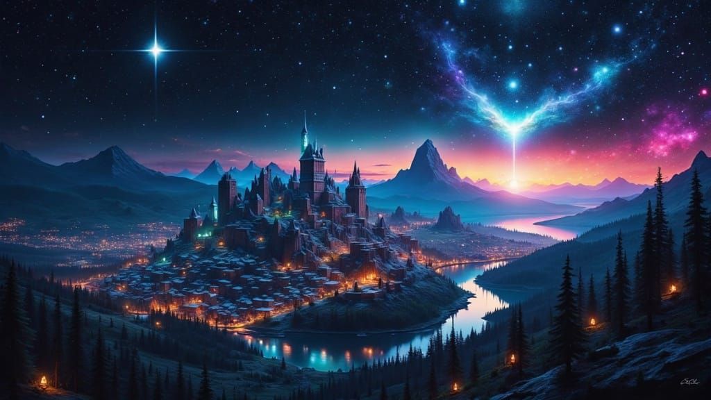 Cosmic Metropolis Under Starry Aurora Sky