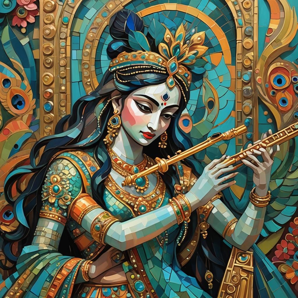 Cubist Radha and Krishna in Peacock Frame