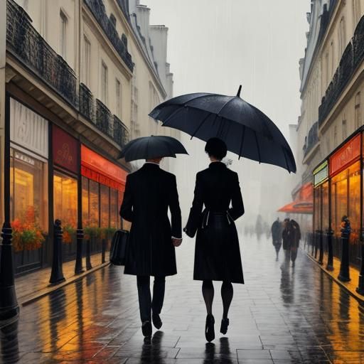 A couple walking with an umbrella on a rainy afternoon in th...