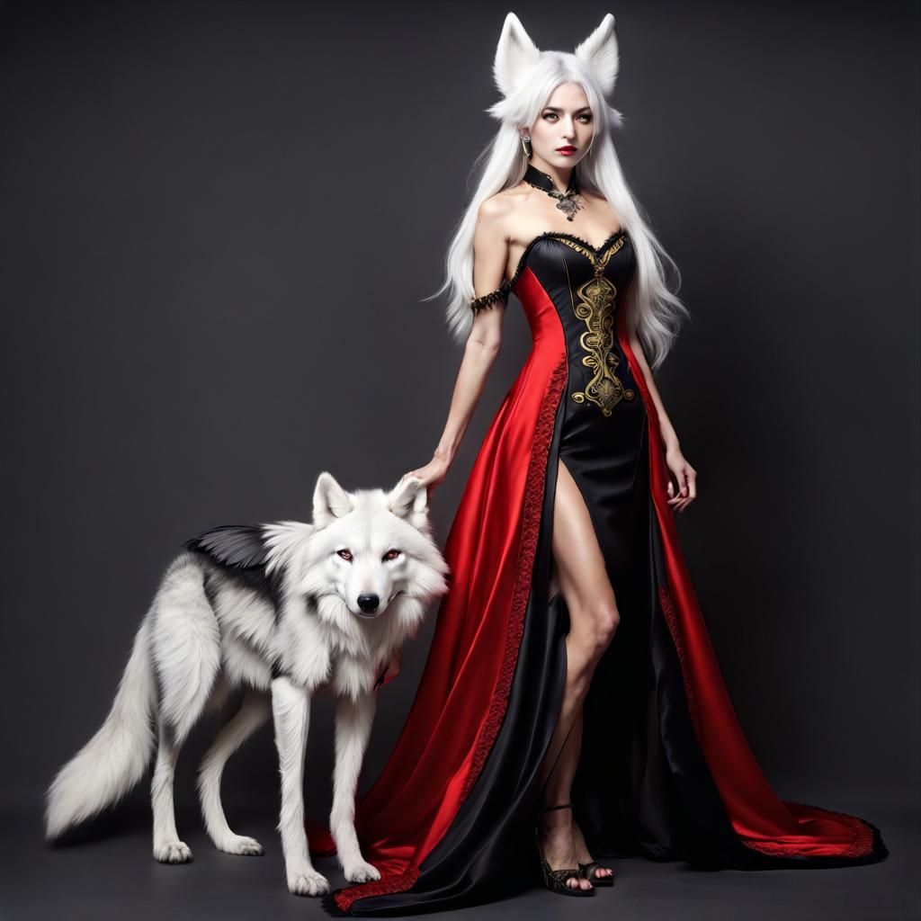 Elegant Woman with Wolf Features in Silk Gown
