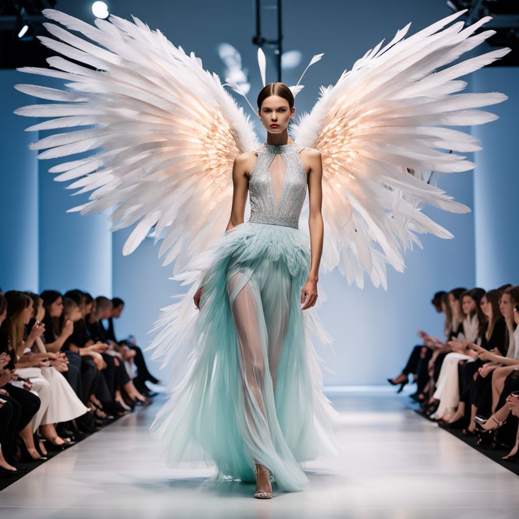 Elegant Runway Showcases Vibrant Wings in High-Fashion Photo...