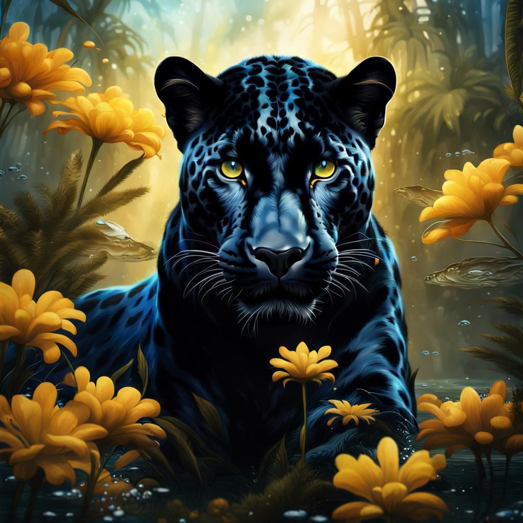 Black Jaguar Portrait with Blue Eyes, Photorealistic Fur