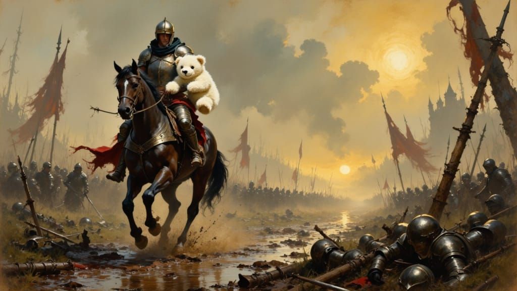 Knight Protects Teddy Bear on Devastated Battlefield