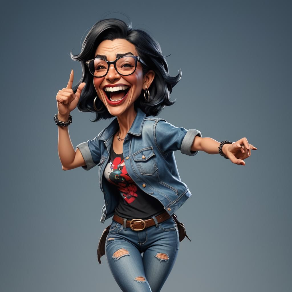 caricature old bad girl, black hair, laughing, dance, glasse...