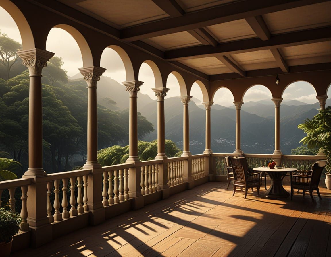 Ethereal Veranda in a Timeless, Dreamlike Landscape