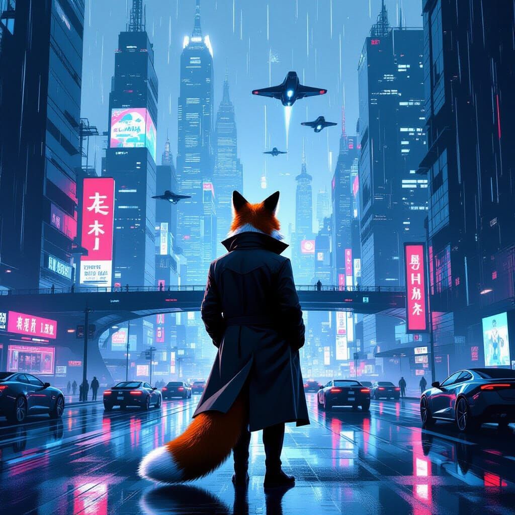 Fox Detective in Cyberpunk Cityscape