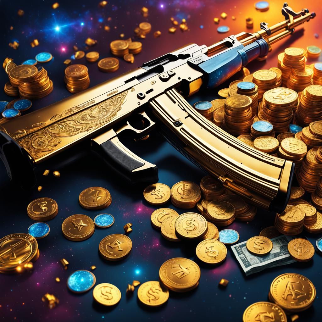 Gold AK-47 in a Hyperrealistic Space Galaxy