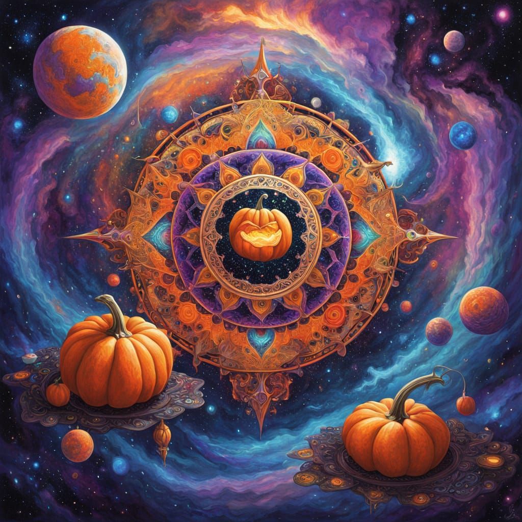 Vibrant Pumpkin Mandala in Cosmic Nebula