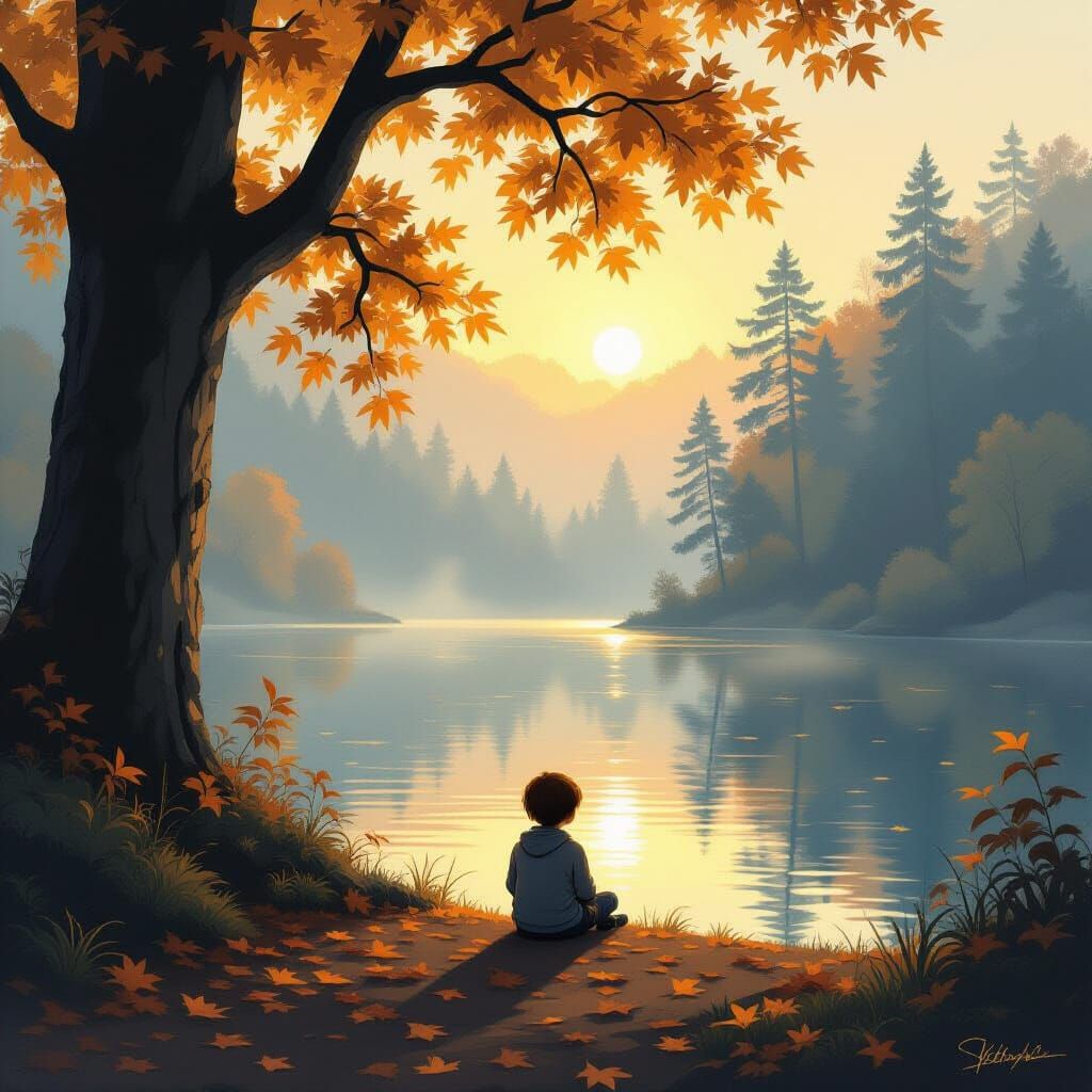 Child Contemplating Serene Lake at Dawn