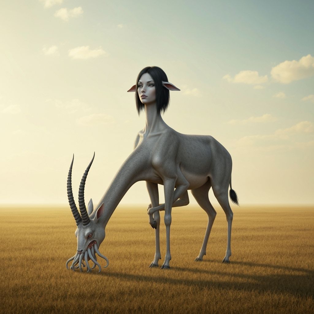Posthuman Grazing Lady in Alien Steppe