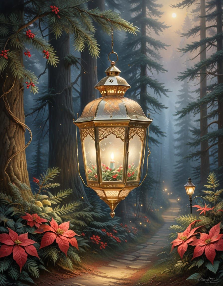 Lacy Gold Lantern Illuminates Twilight Forest Path