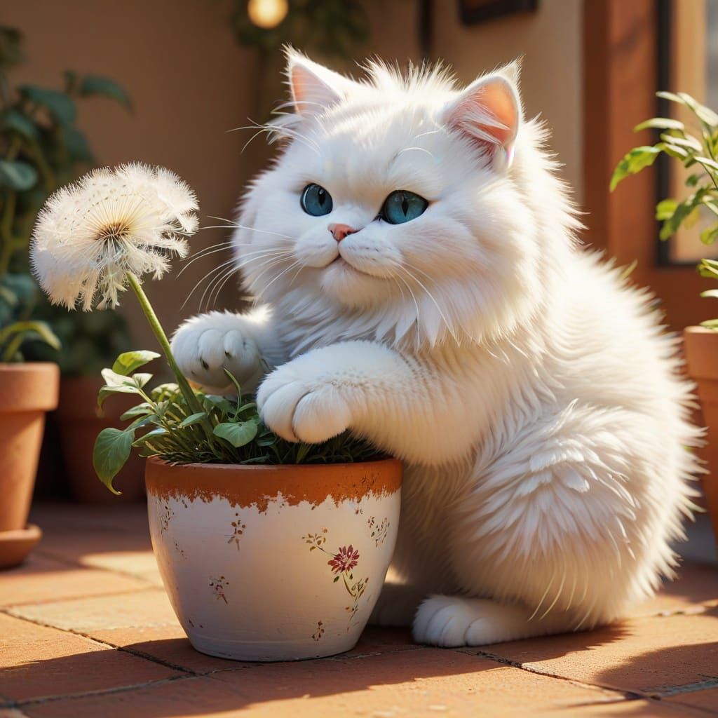 Playful White Cat with Flower Pot in Pixar Style
