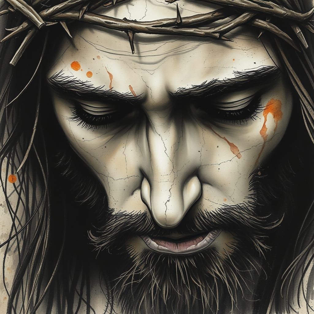 Bruised Christ in Charcoal and Watercolor