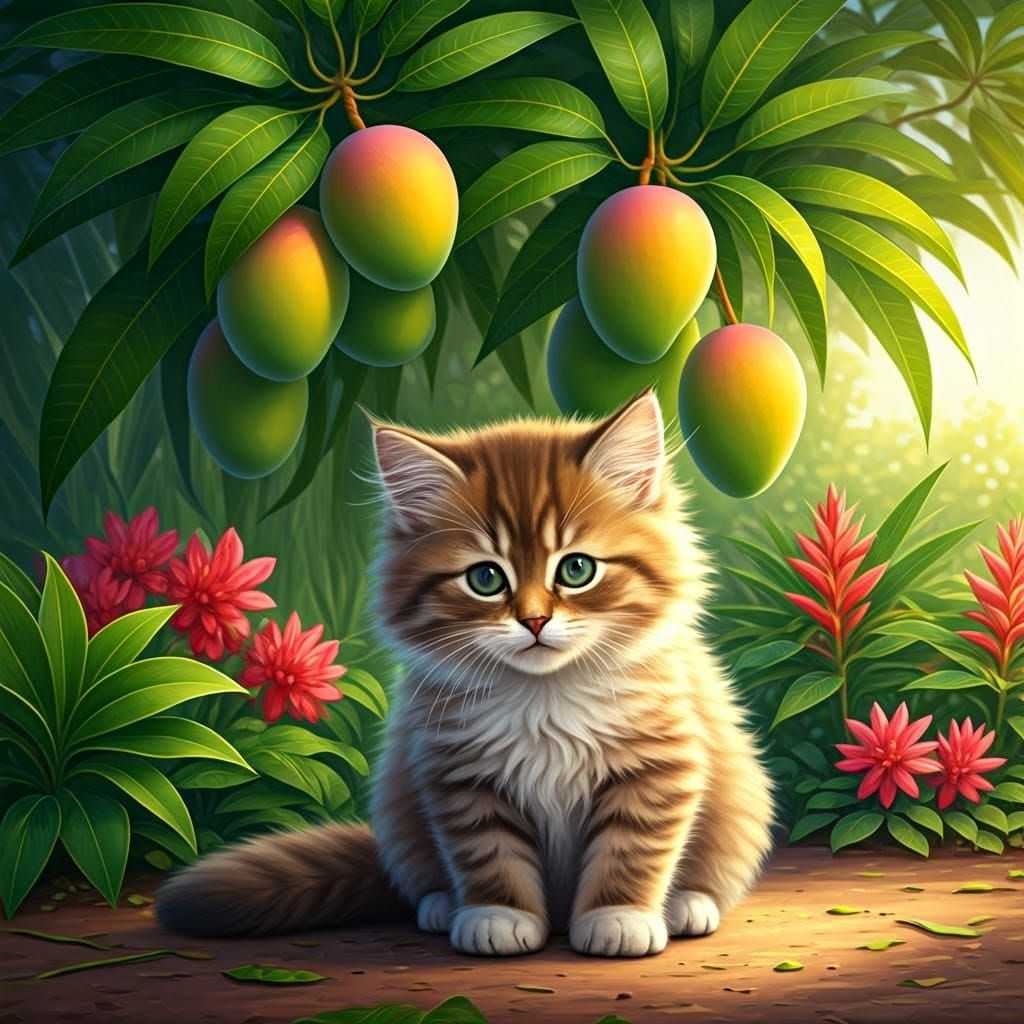 Kitten Under Mango Tree in Dreamy Garden Style