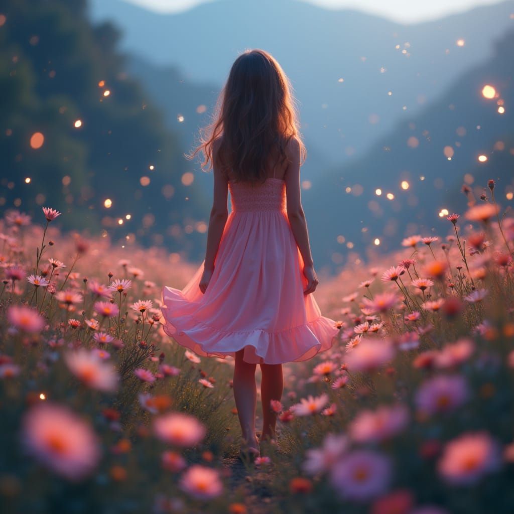 Girl in Flower Field with Fireflies, Magical Realism