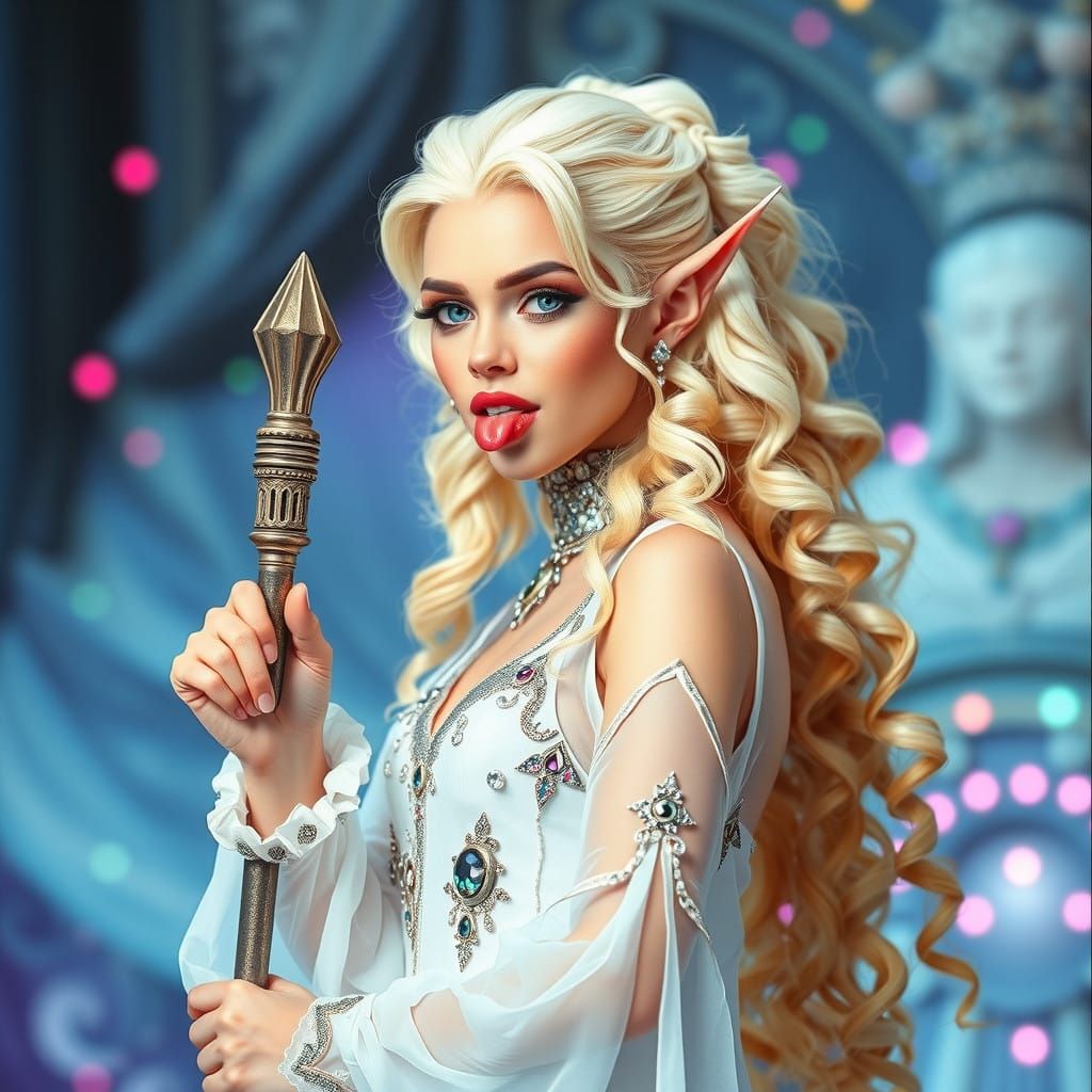 Lively High Elf Cleric in Vibrant Holographic Polaroid