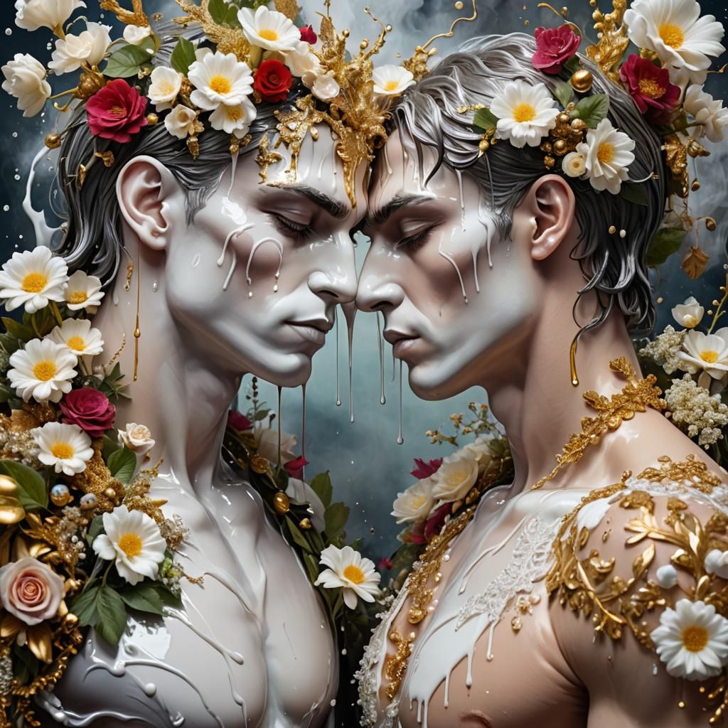 Hyperreal Kiss with Dripping Cream and Flowers