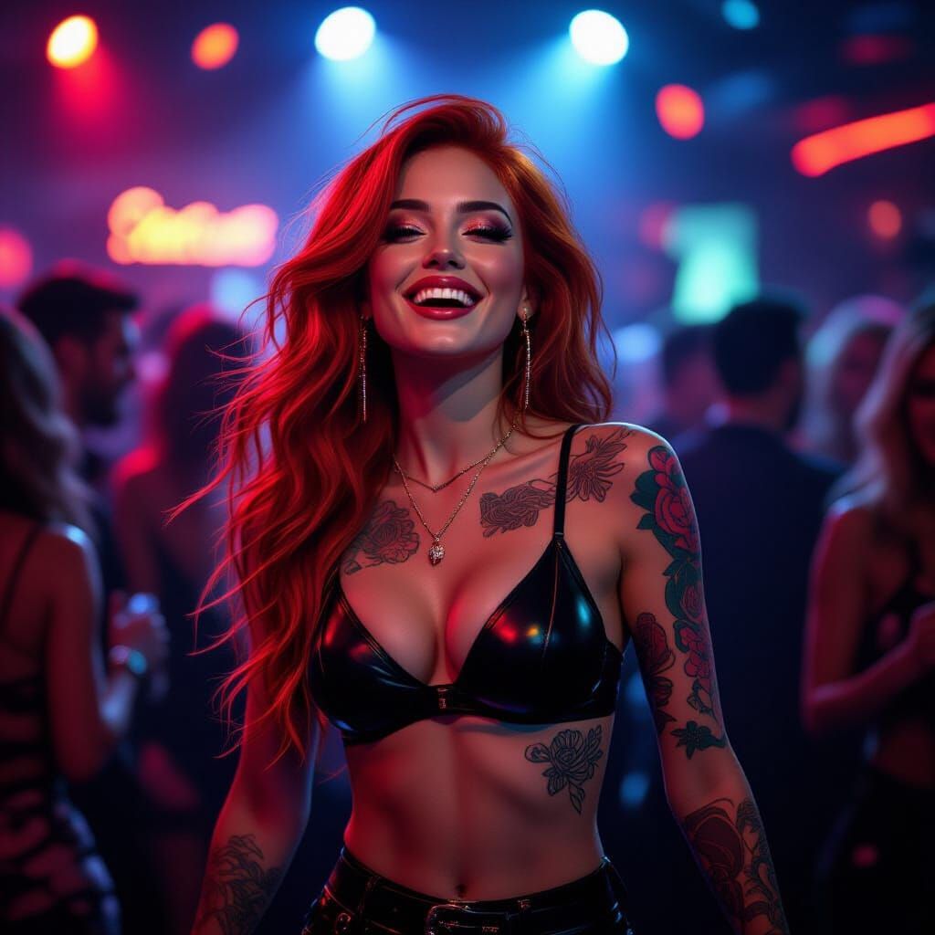 Red-Haired Woman Dancing in Cyberpunk Nightclub