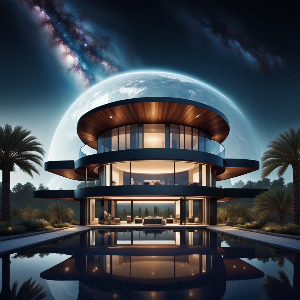 Modern Villa Orbiting Earth Under Starry Canopy