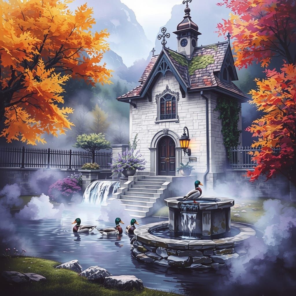 Ethereal Autumn Church in Whimsical Watercolor