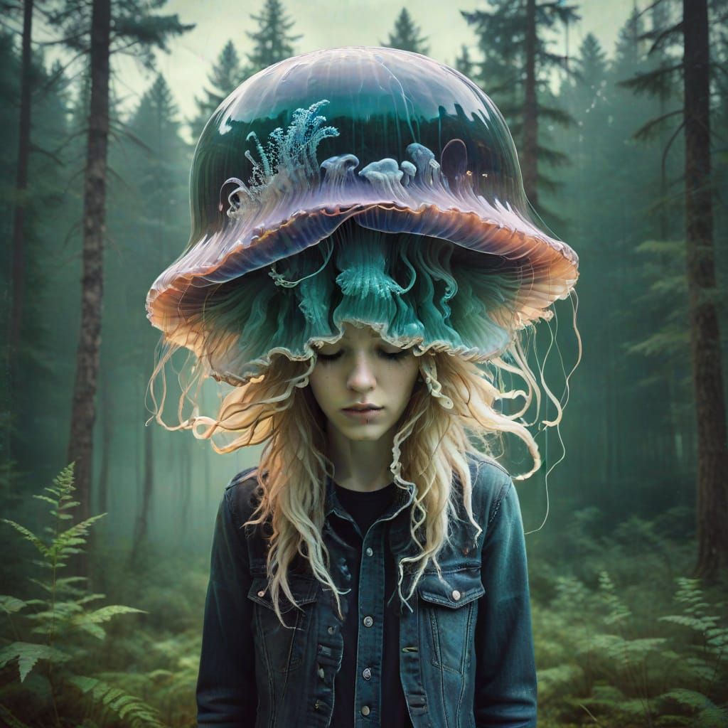 Grunge-Rocker Wears Jellyfish Hat in Deep Forest