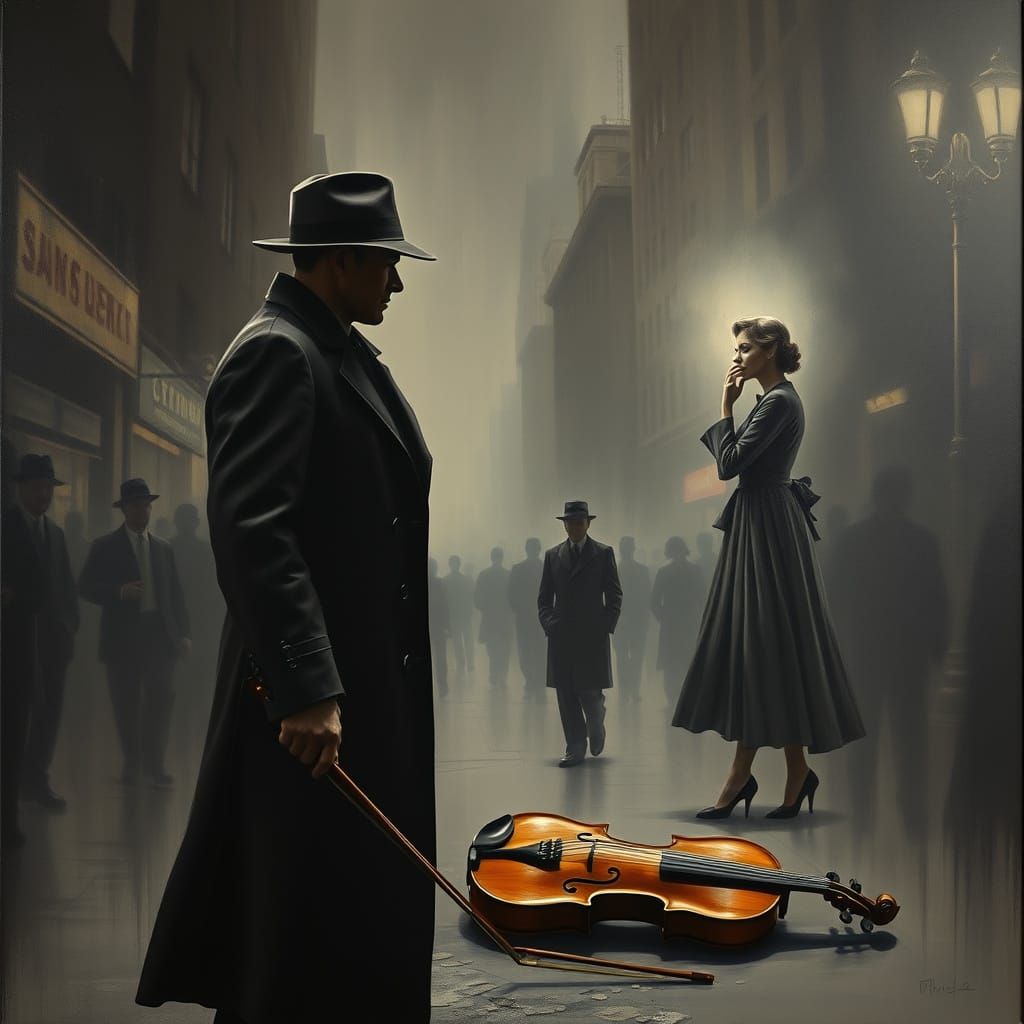 Noir Cityscape with Faceless Figure and Violin