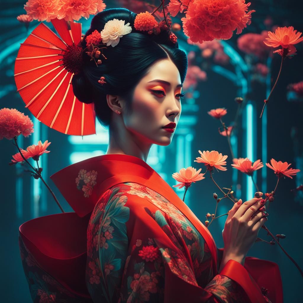 a woman with a flower in her hand, inspired by Kanō Naizen, digital art, in style of Beeple, glowing details, geisha, Ka...