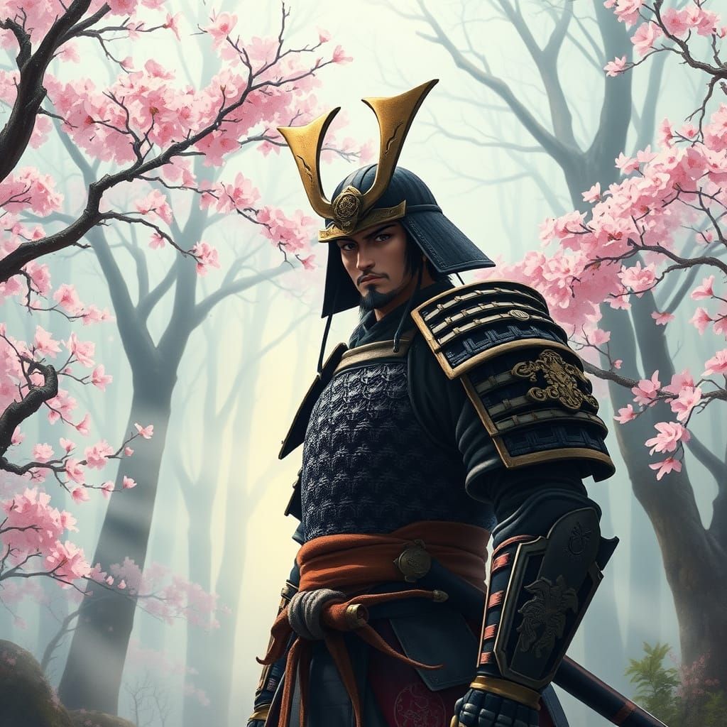 Stoic Anime Samurai in Serene Cherry Blossom Forest