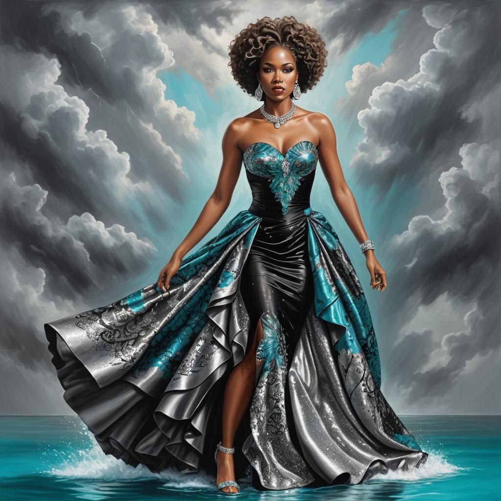 Elegant Woman in Black Dress on Runway, Airbrush Oil Paintin...