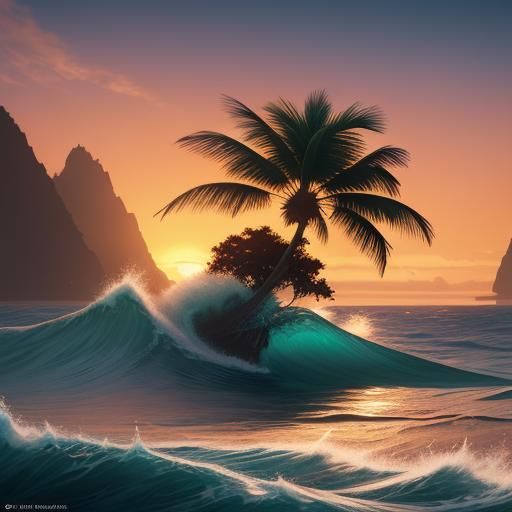 Orange Sunset Beach Scene in Matte Painting Style