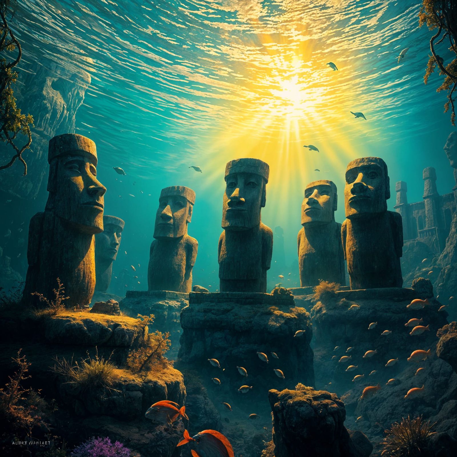 Underwater Easter Island Heads in Fantasy Concept Art