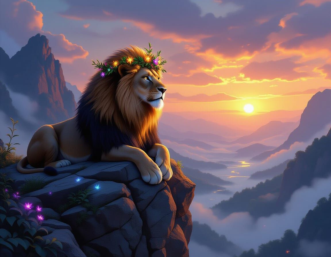 Majestic Lion with Crown of Flowers Digital Painting