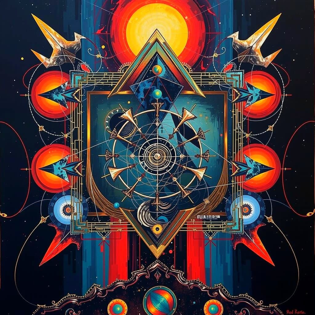 Abstract Red Swirls and Geometric Shapes