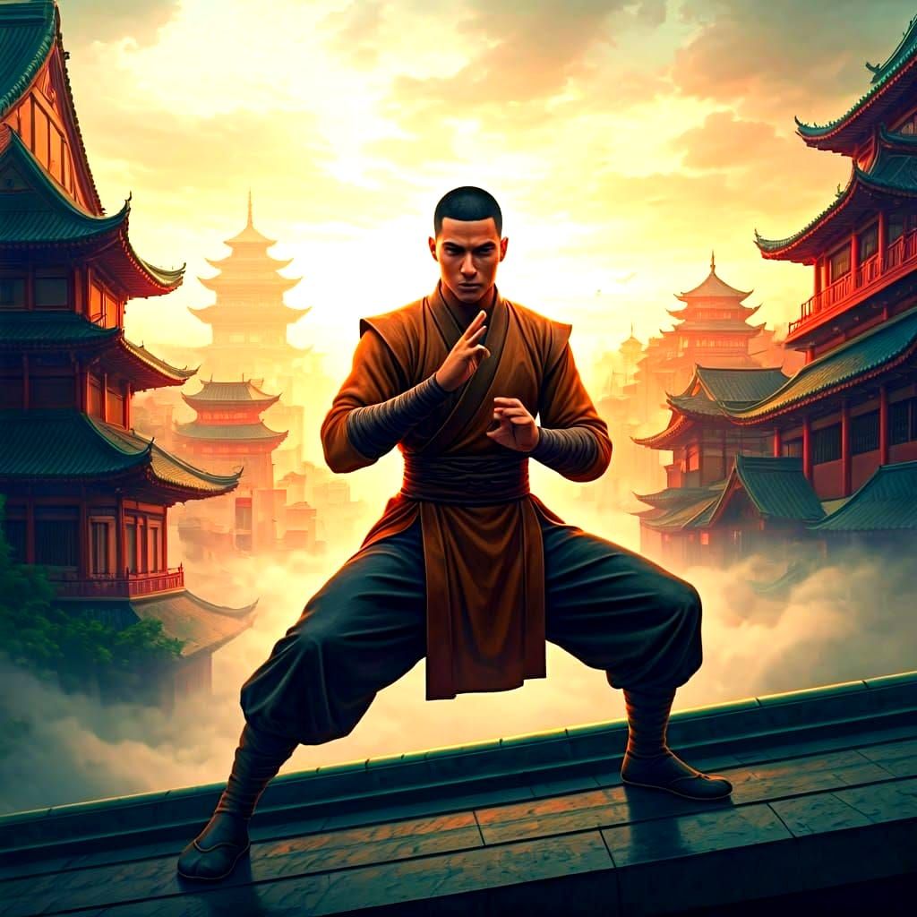 Warrior Monk Overlooking Fantasy City: Abstract Art