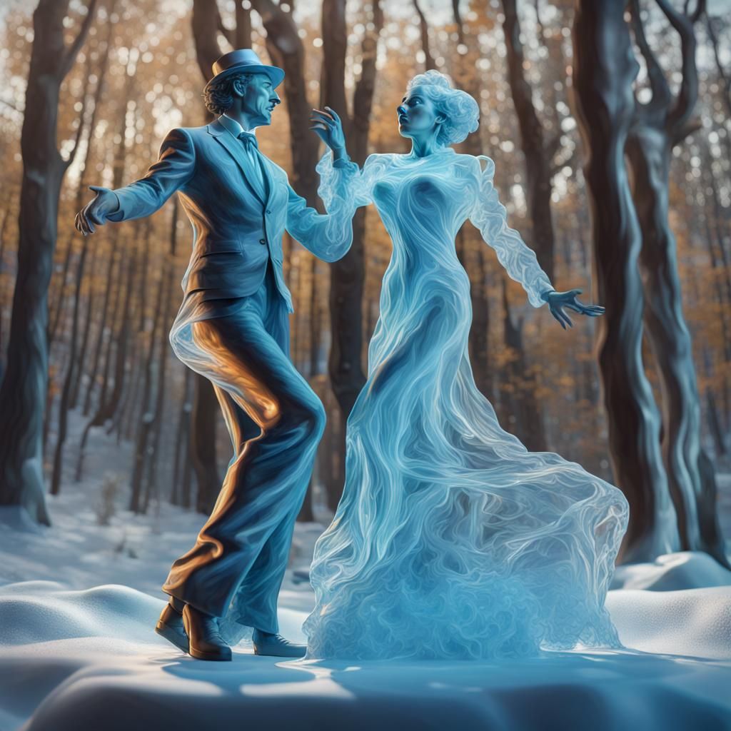 Ice Sculpture Dancers in a Colorful Forest