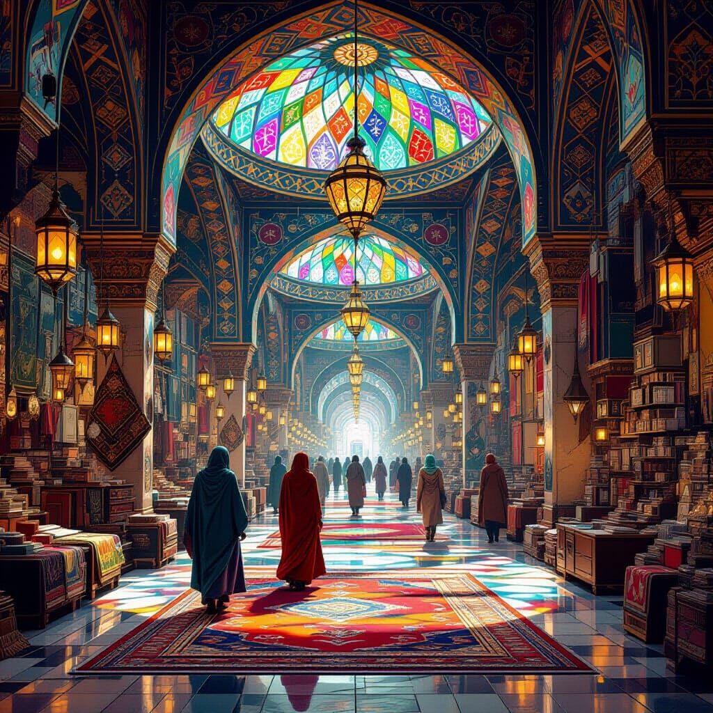 Majestic Bazaar with Sentient Carpets Under Glass Dome